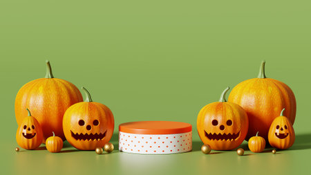 3D Rendering Happy Halloween, Podium Pumpkin on green background, October 31st, gift box and balloon, copy space for text message or banner template design for product displayの写真素材