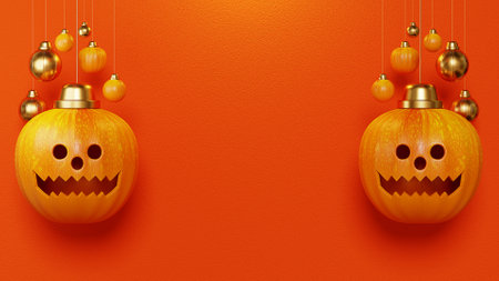 3D Rendering Happy Halloween, Pumpkin head hanging and decoration ball on orange background, October 31st, copy space for text message or banner template design for product displayの写真素材