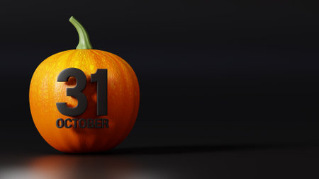 3D rendering halloween pumkin and font october, 31 background on black  background, copy space for text message or banner template design for product displayの写真素材