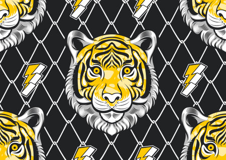 tiger seamless patterns with Lightning and barbed wire background, image graphic design street comic art, textile fashion, artwork for fabric print, clothes, handkerchief or banner websiteのイラスト素材