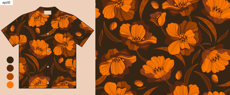 Tropical Hawaiian Floral Shirt Mockup, Vibrant Summer Fashion Artwork for Fabric Print, Seamless Pattern of Tribal Islands, Textile Art for Stylish Clothingのイラスト素材