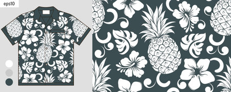 Hawaiian Summer Fashion, Pineapple Seamless Pattern background, Abstract Fruit Artwork on Short sleeve shirt Mockup, Tropical Screen clothes season theme.のイラスト素材