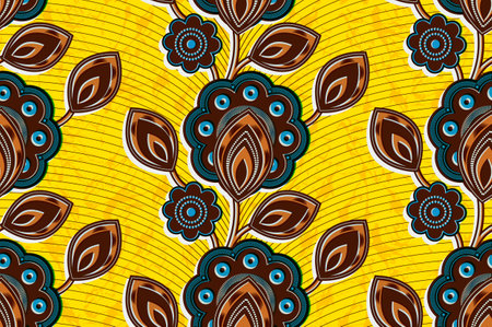 Abstract African Flower, Vibrant Seamless Pattern and curves on yellow background, Textile Art, Fashion Artwork for Fabric Printing on Stylish Clothing and Bags, Ethnic Design.のイラスト素材