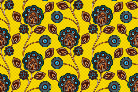 Abstract African Flower and Floral Pattern with Graceful Leafy Branches on Yellow Background, Ethnic Textile Art, Fashion Artwork for Fabric Printing on Stylish Clothingのイラスト素材