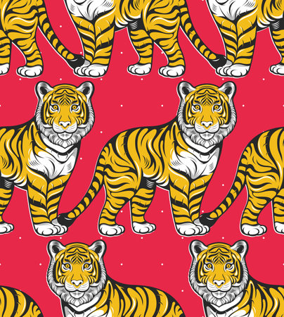 tiger seamless pattern background, artwork fashion for screen shirt fabric print, textile design, cartoon comic animal character design, handdraw illustration.のイラスト素材