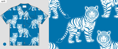 hawaii light blue shirt mockup with tiger cartoon seamless pattern background, summer fashion, abstract texture, artwork for screen print clothes, handdraw illustration.のイラスト素材