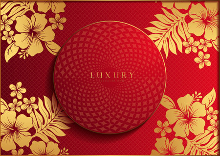 Elegant Islamic Red Gold Hibiscus Floral Circle Background, Ideal for Diwali Festival Invitations, Wallpapers, and Web Templates, Vector Illustration Not AI-Generated.のイラスト素材