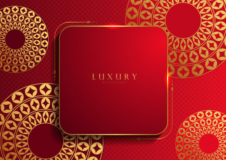 Luxury Red Gold Mandala Art Background, Islamic Circle Line Design, Elegant Diwali India Wallpaper, Horizontal Invitation Card Covers, and Web Templatesのイラスト素材