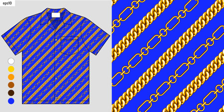 Hawaiian summer shirt pattern with gold chain and diagonal stripes on blue background, fabric...