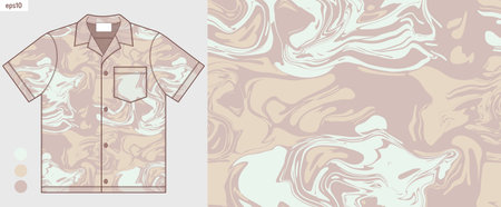 Hawaii Aloha mockup shirt with brown marble abstract pattern, beige camouflage background, fluid ink design, handdrawn ethnic textile art for fashion fabric printing, not AI generated.のイラスト素材