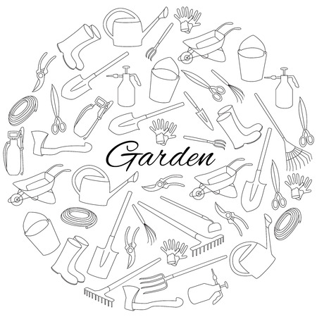 Hand drawn round set objects of garden tools and accessoriesのイラスト素材