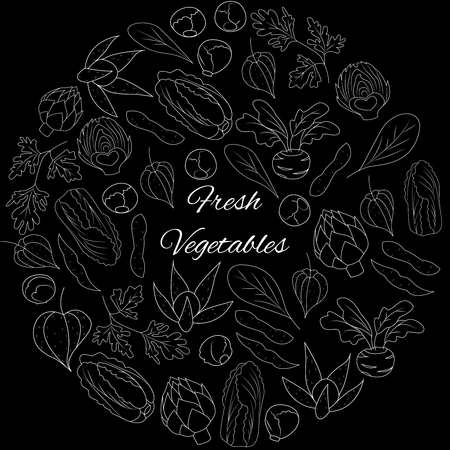 Vector Illustration with white outline vegetables on black backgroundのイラスト素材