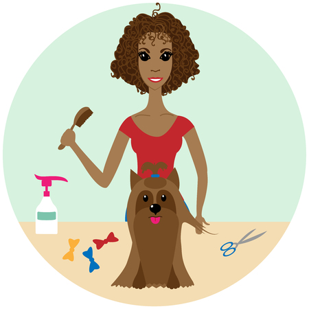 A vector illustration of a Pet Groomer Grooming a Dog at the Salonのイラスト素材
