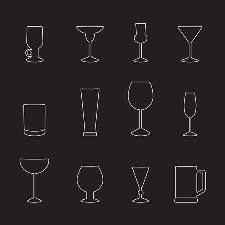 Types of glasses for different drinks, a set of outline icons. Vector illustration on blackのイラスト素材