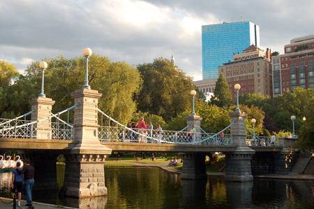 Victorian Suspension Bridge over the pond in Boston Publik Gardenのeditorial素材