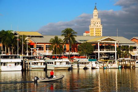 Bayside Marina in Miami.  The Historic Freedom Tower Rises behind.のeditorial素材