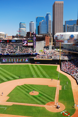 Aerial View of Target Field, Home of Baseball's Minnesota Twins, and the Minneapolis Skylineのeditorial素材