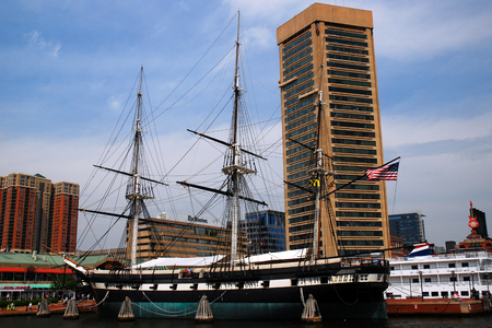 The USS Constellation, an historic ship is docked at Inner Harbor, Baltimoreのeditorial素材