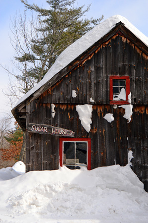 A maple sugar house appears isolated in the New England winterの写真素材