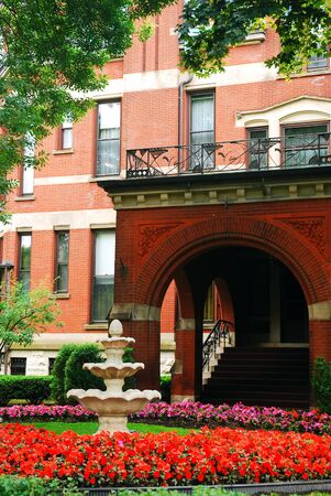A small flower garden grows near the front entrance to the estate of the Archdiocese of Chicagoのeditorial素材