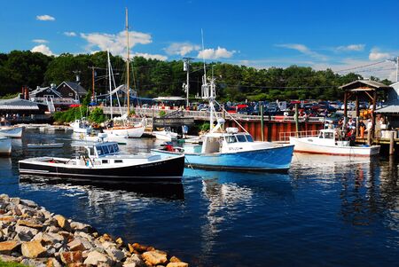 Boats are moored at Perkins Cove in Ogunquit, Maineのeditorial素材
