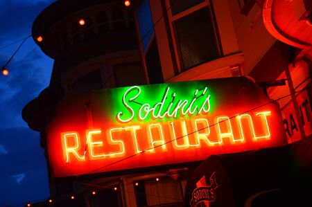 The Neon Lights of an Italian Restaurant, San Franciscoのeditorial素材