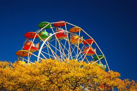 A Ferris wheel rises over fall foliage at the State Fairの写真素材