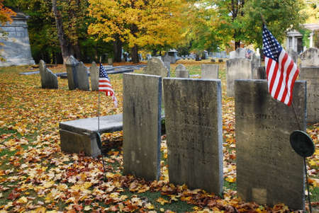 Graves of Revolutionary War soldiers are evident in a historic New England cemeteryのeditorial素材
