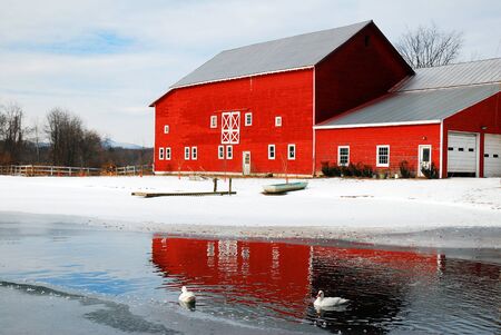 Winter Reflections of a red barnのeditorial素材