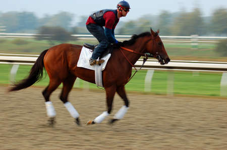 A trainer takes a racehorse out for early morning exercises at Keeneland Race Track in Lexington, Kentuckyのeditorial素材