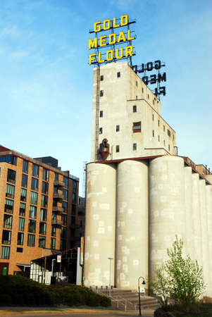 Once uised for making flour, Gold Medal Flour Silos, Now a Landmark in a Minneapolis Parkのeditorial素材