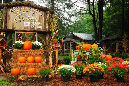 Pumpkins and autumn flowers are arranged outside a rustic shop selling crafts from the Appalachia regionのeditorial素材