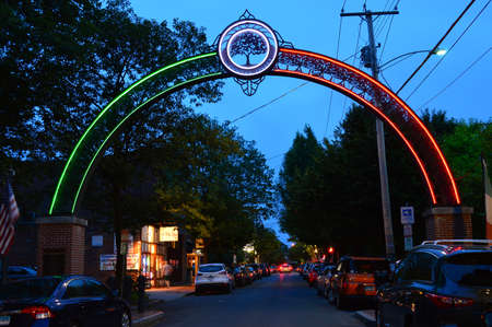 A lighted arch welcomes guests to Wooster Street, New Haven Connecticut's traditionally Italian neighborhoodのeditorial素材