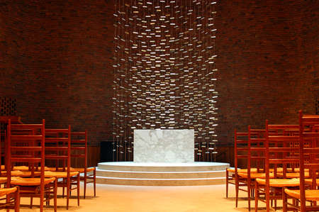 A glass ceiling allows light to stream into the interior of the Kresge Chapel on the MIT campus in Cambridge, Massachusettsのeditorial素材