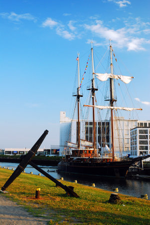 The USS Friendship is moored at a dock in Salem, Massachusettsのeditorial素材