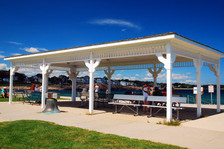 A pavillion offers shade for those at Short Sands Beach in York Maineのeditorial素材