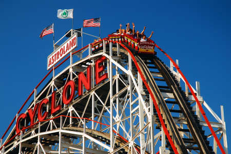 Riders get excited for the initial descent on Coney Island's Cyclone roller coasterのeditorial素材