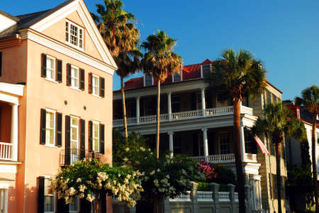 Stately Antebellum Homes line the East Battery Waterfront in Charleston, South Carolinaのeditorial素材