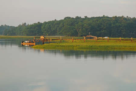 A mist lingers over a New England coast marshland in the morningの写真素材