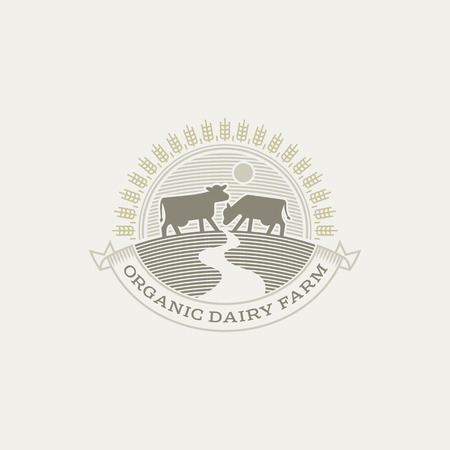 Vintage cow . Organic farm milk emblem. Dairy product engravingのイラスト素材