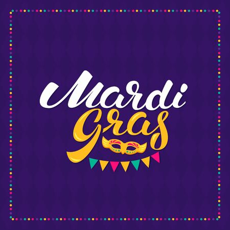 Mardi gras hand drawn lettering and golden fat tuesday mask. Vector greeting card.のイラスト素材