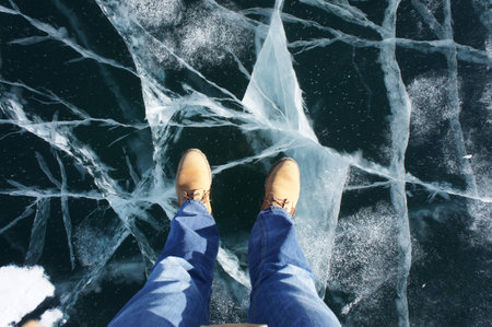 On the cracked ice of Baikalの写真素材