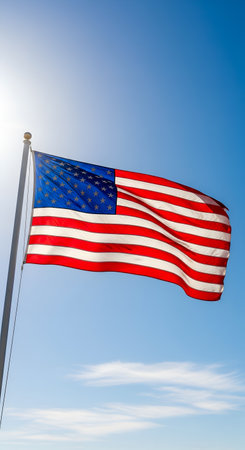 American flag stars stripes flapping freely against azure background symbolizing liberty independence freedom United States nation patriotism civic duty governmental representation allegiance national identity American flag represents ideals values aspirations country its people democracy justiceの素材
