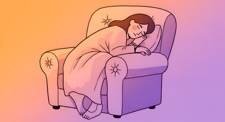 Cartoon woman napping peacefully in armchair during restful sleep time Illustration depicts relaxed afternoon nap in cozy setting Comfortable chair design ensures woman's comfort Cartoon style enhances cheerful and inviting atmosphere Peaceful scene promotes relaxation and downtime Woman's serene expression suggests deep sleepの素材