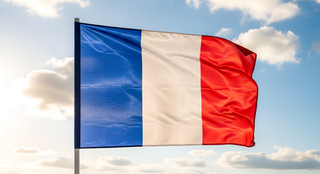 French flag waving symbolizes France under sky representing French national identity patriotism. Flag represents France culture strength history. Colors are blue white red tricolor representing country spirit France. France flag is clear cloudy sky backdrop showing pride France.の素材