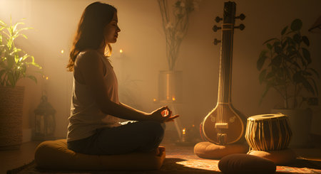 Indoor meditation practice is showcased in lotus position. The scene evokes serene calm and relaxation, a spiritual retreat in a home interior. It speaks to wellbeing and yoga, stillness and peaceful mindfulness through reflection and tranquility.の素材
