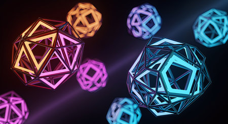 Abstract geometric shapes in 3D rendering with glowing neon lights on modern background. This artwork in dark space presents futuristic design digital art illustration with complex structure.の素材