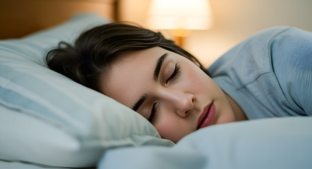 Discover close-up of serene slumber young person peacefully sleeping in bed with soft pillow showcasing gentle expression and tranquil ambiance fostering comfort, rest, and relaxation in quiet bedroom. Person finds solace in undisturbed sleep achieving restful night promoting rejuvenation and well-being through peaceful tranquility of sleepの素材