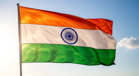 Indian national flag tricolor waving proudly against clear azure sky symbolizing nationhood unity freedom patriotism sacrifice pride cultural identity heritage Republic Day Independence Day celebrations Indian flag represents spirit of country its values aspirations history its people hope bright futureの素材