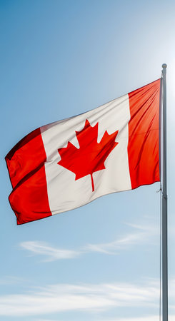 Canadian flag is waving high clear blue sky symbolizes patriotism Canada. Flag represents national identity culture strength history. Red white colors maple leaf symbolizing country. Bright sunlight clear skies Canada flag waving shows pride.の素材